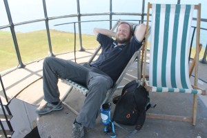 Bob enjoying the Lundy old lighthouse desk chairs