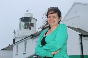 At Whitby high lighthouse with my "Trinity House green" cardigan